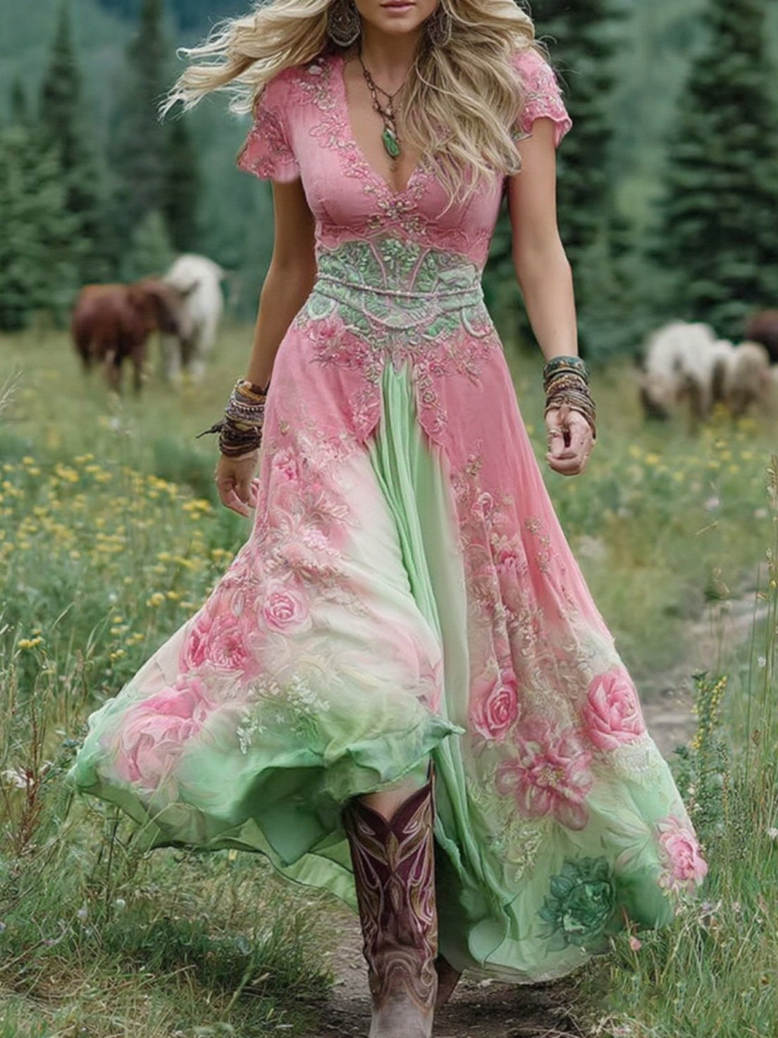 Marcina - Elegante Vestido Longo com Tons Florais