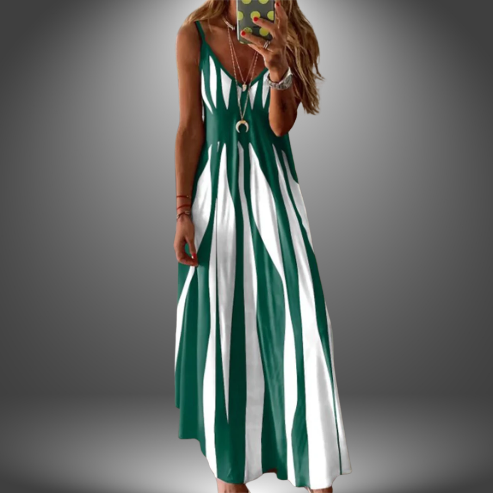 Aria - Vestido Longo Estampado Listrado Sem Mangas Elegante