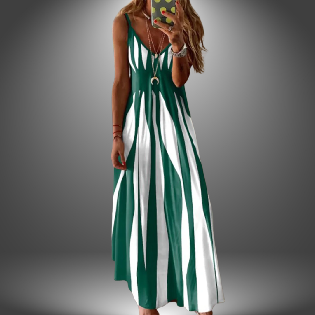 Aria - Vestido Longo Estampado Listrado Sem Mangas Elegante