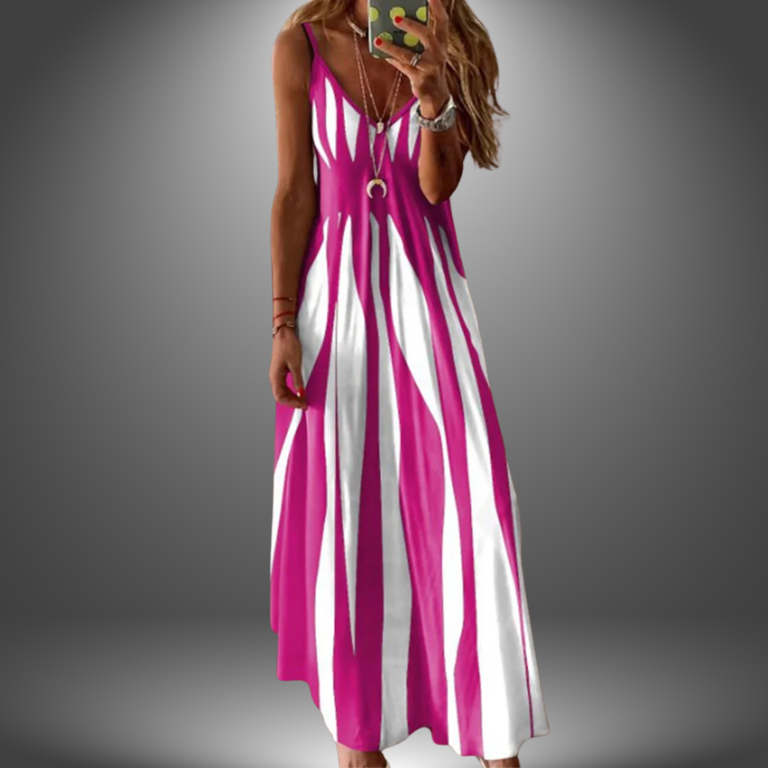 Aria - Vestido Longo Estampado Listrado Sem Mangas Elegante