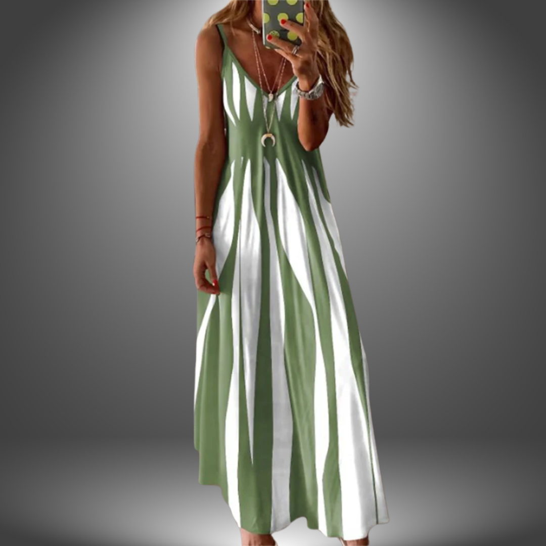 Aria - Vestido Longo Estampado Listrado Sem Mangas Elegante