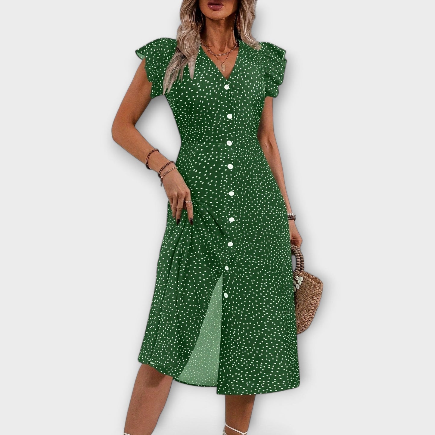 Vestido midi chique com bolinhas