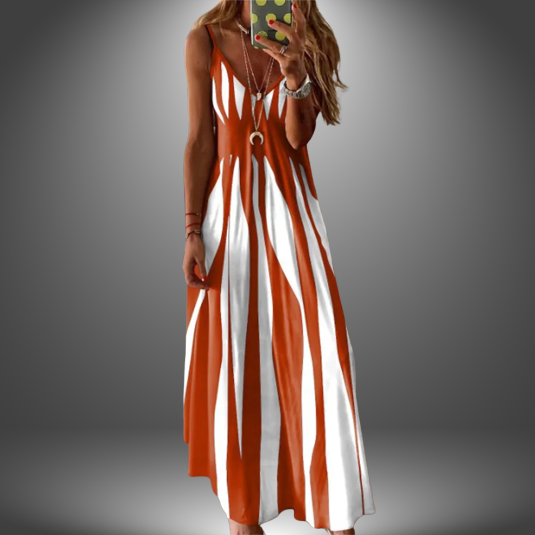 Aria - Vestido Longo Estampado Listrado Sem Mangas Elegante