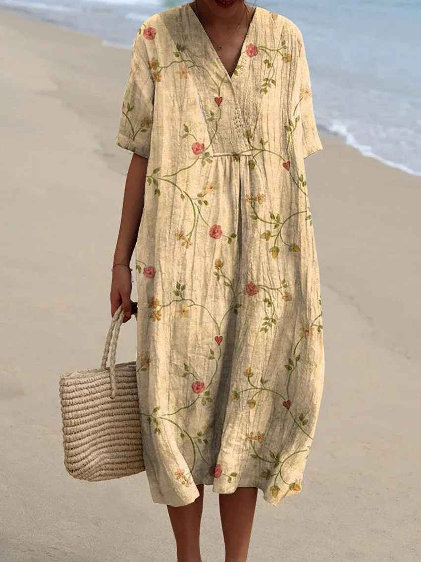 Vestido Casual Flowy de Arte Floral Vintage Feminino