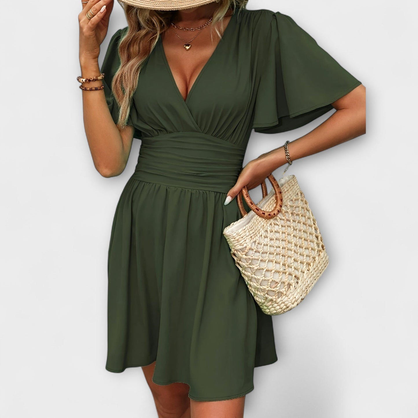 Winslet - Vestido com cintura franzida e decote em V