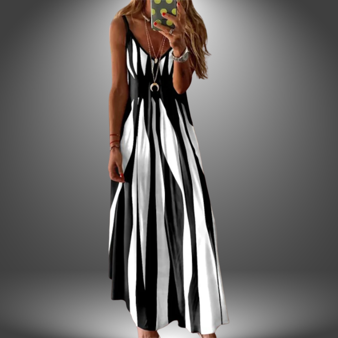 Aria - Vestido Longo Estampado Listrado Sem Mangas Elegante