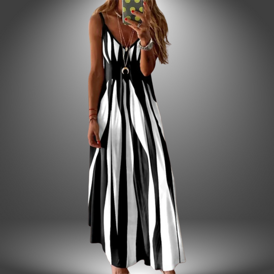 Aria - Vestido Longo Estampado Listrado Sem Mangas Elegante