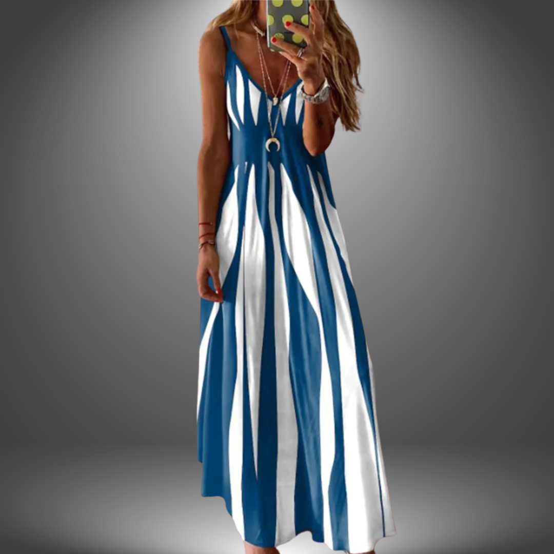 Aria - Vestido Longo Estampado Listrado Sem Mangas Elegante