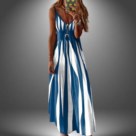 Aria - Vestido Longo Estampado Listrado Sem Mangas Elegante
