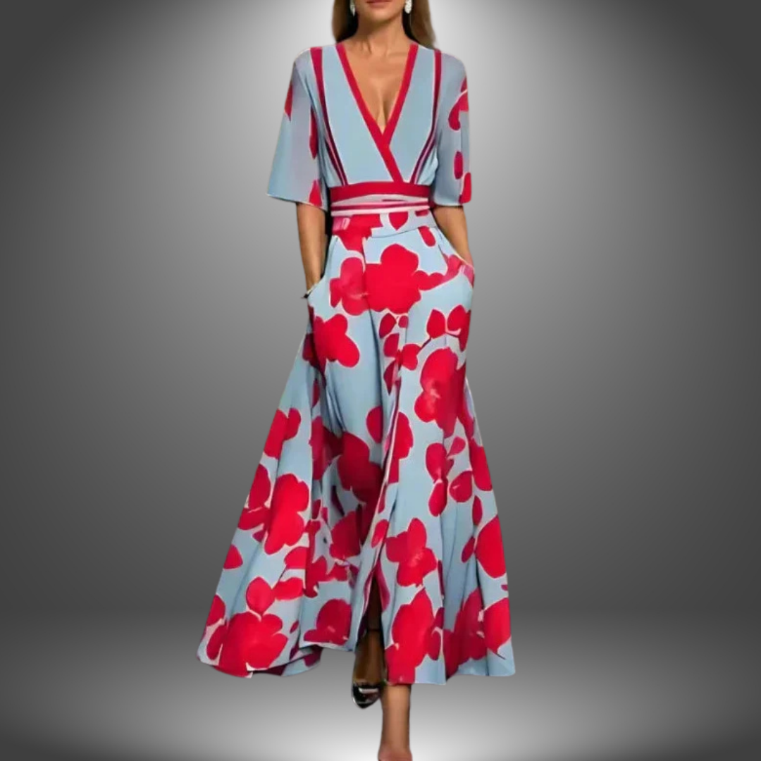 Rhea - Vestido Maxi Estampado com Decote em V Lisonjeiro