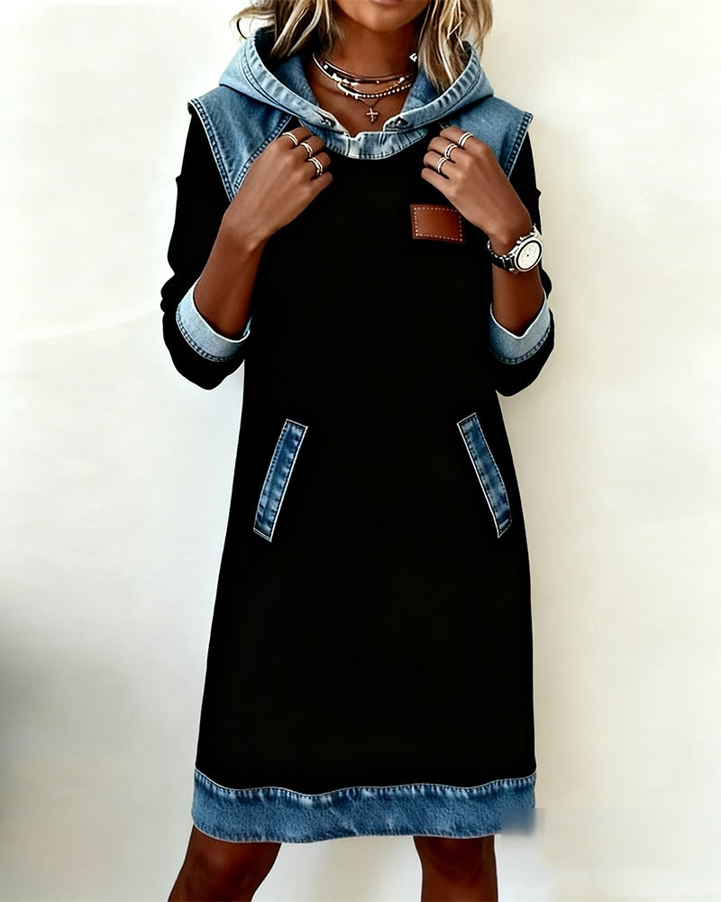Viktoria – Vestido casual com capuz e detalhes em denim