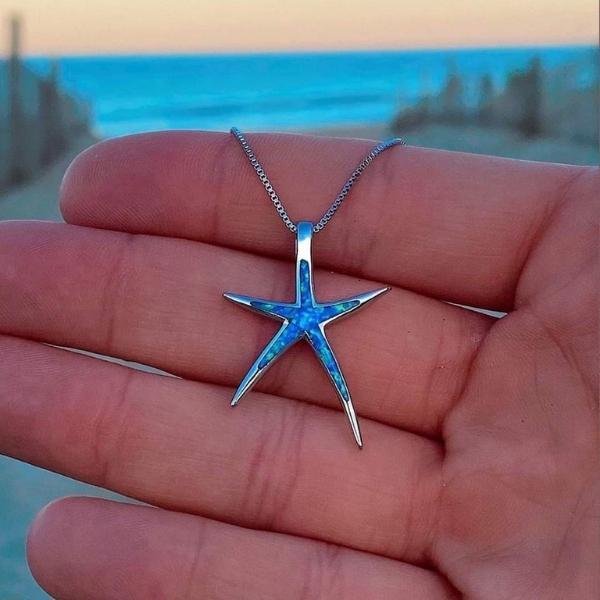 Colar de Opala Azul e Estrela do Mar de Prata