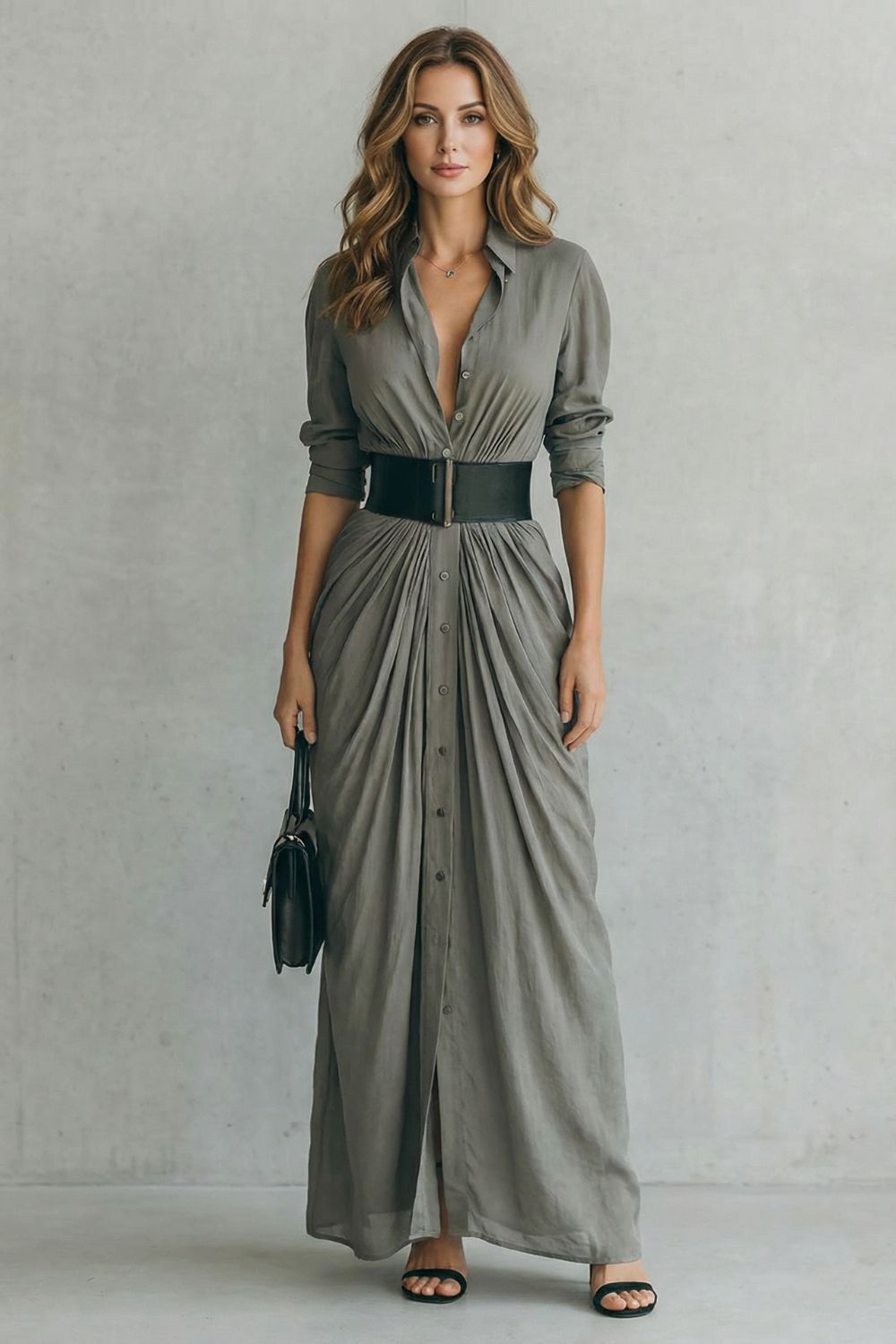 Solenzia | Vestido Maxi Drapê com Botões