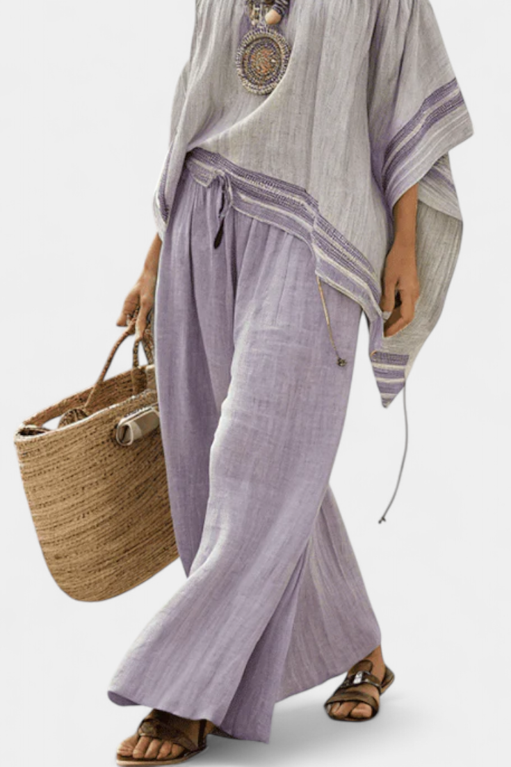 Zandrel | Top Elegante Off-Shoulder & Calças Largas Listradas