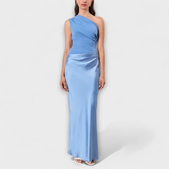 Elegante Vestido Maxi de Um Ombro com Pregas