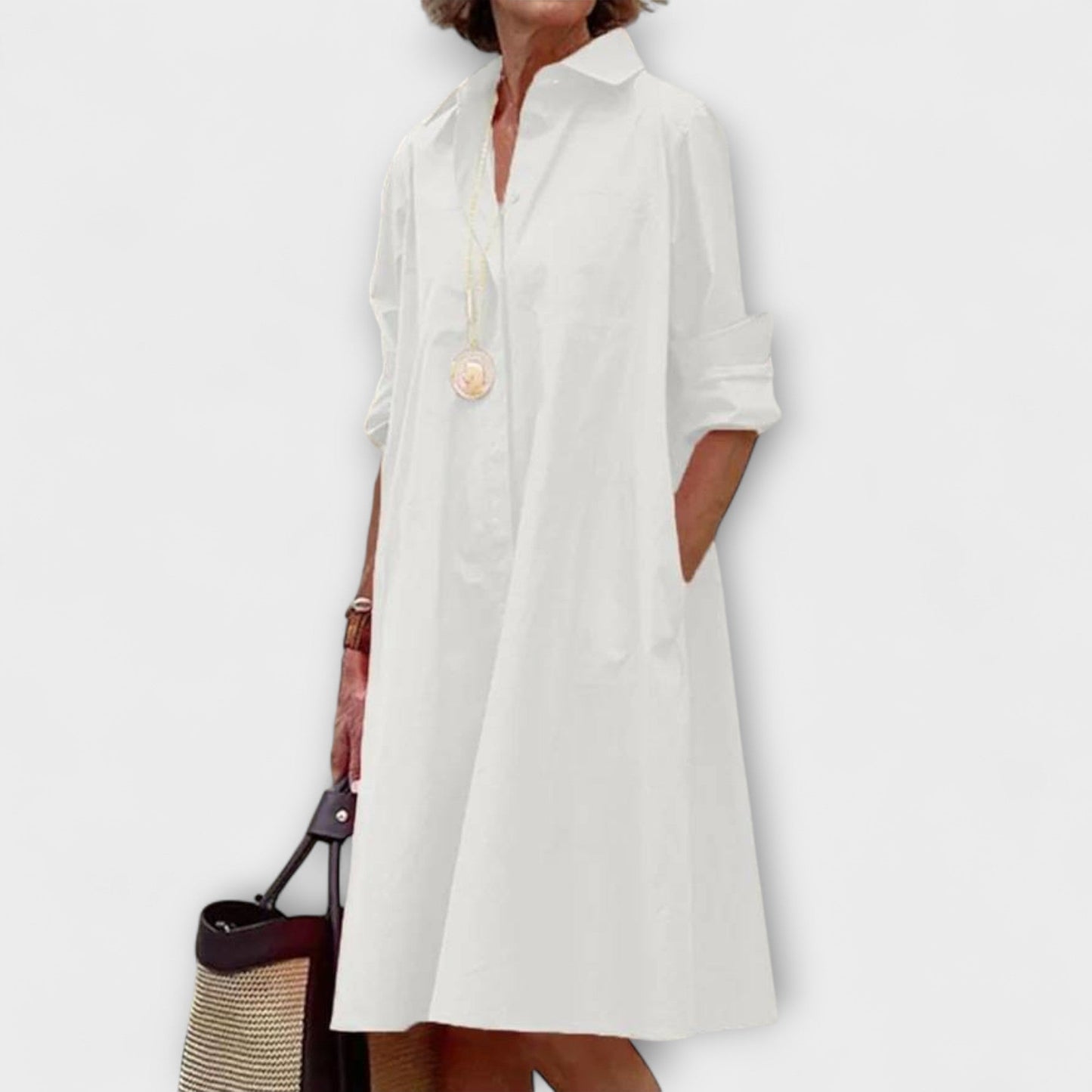Vestido Camisa Moderno com Gola e Mangas Três Quartos