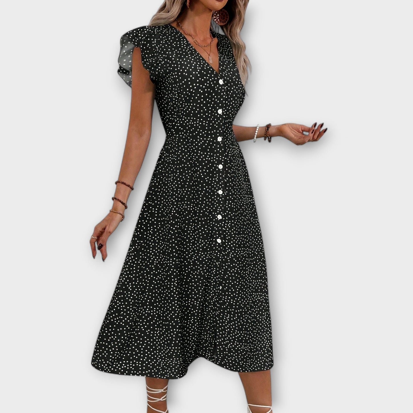 Vestido midi chique com bolinhas