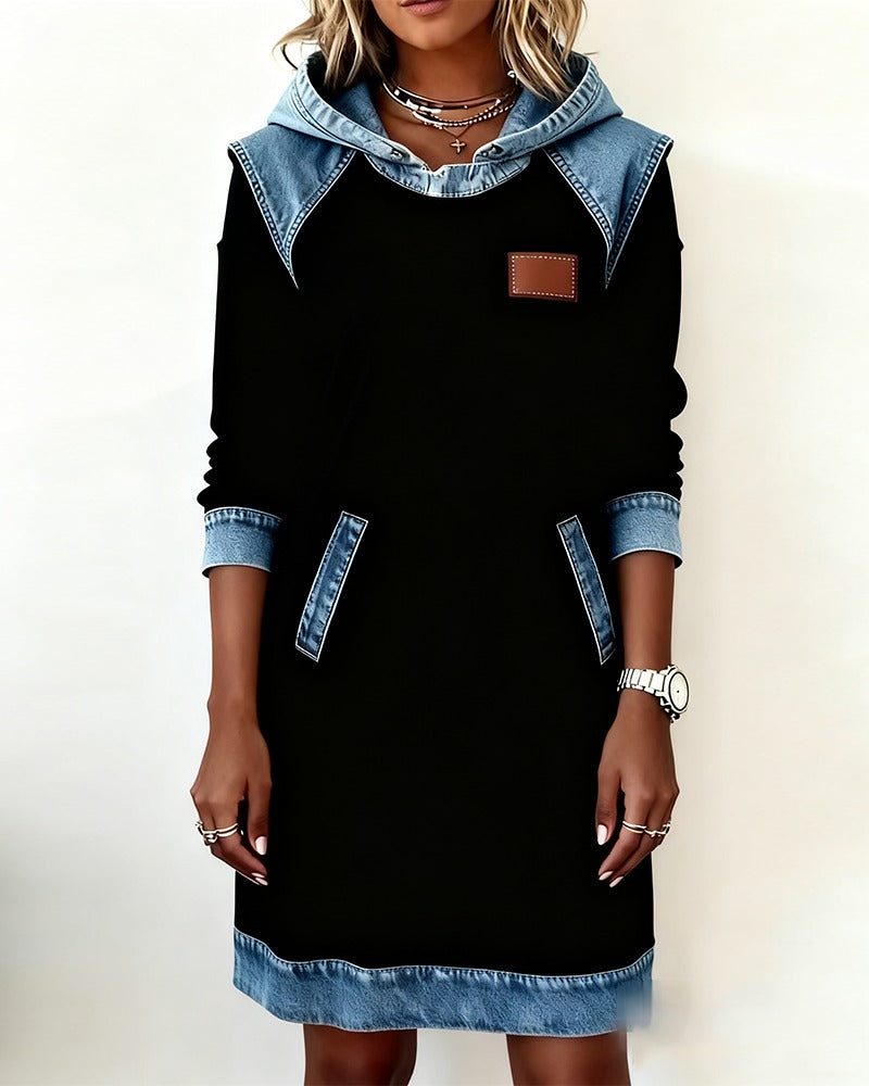 Viktoria – Vestido casual com capuz e detalhes em denim