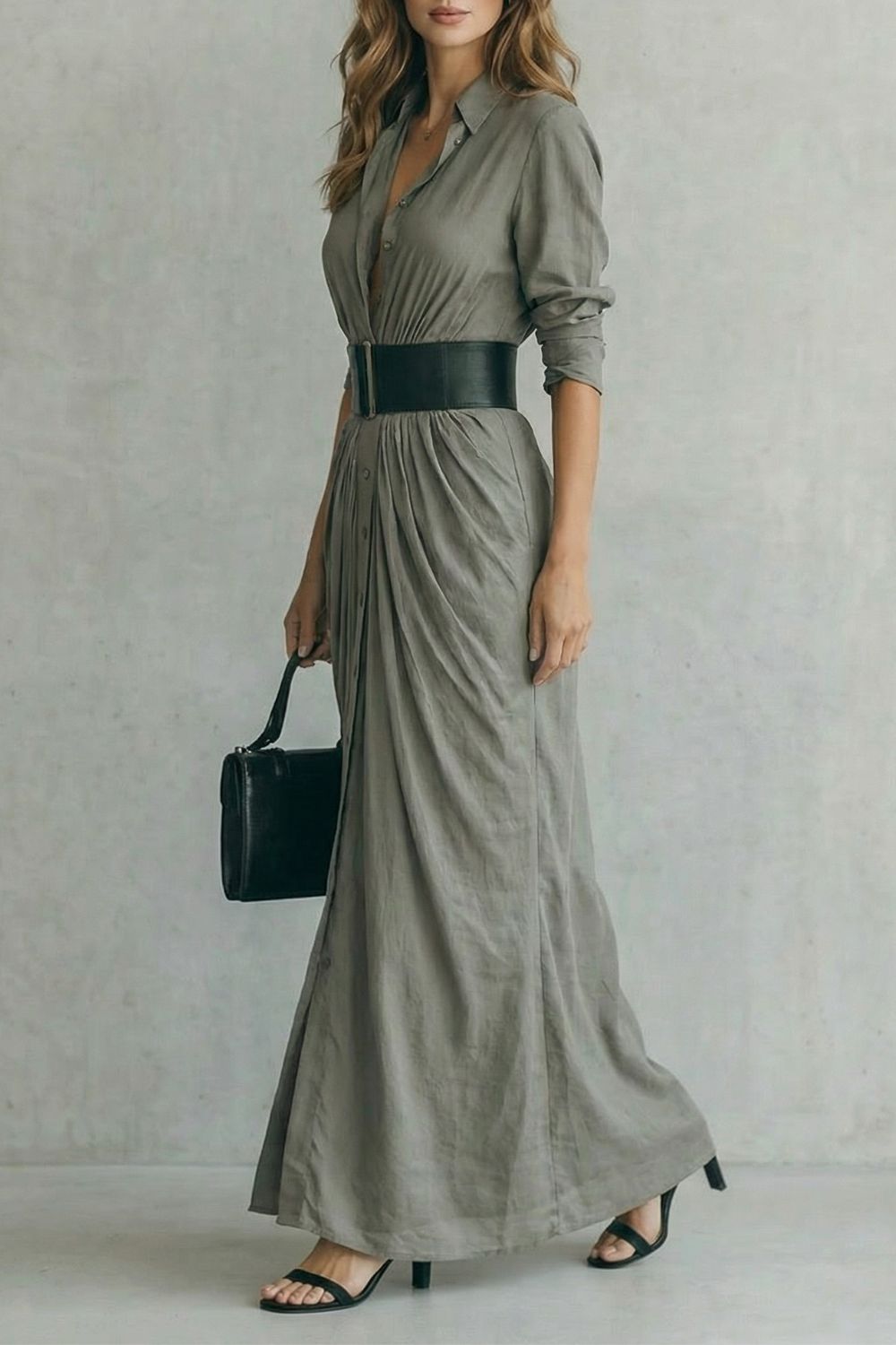 Solenzia | Vestido Maxi Drapê com Botões