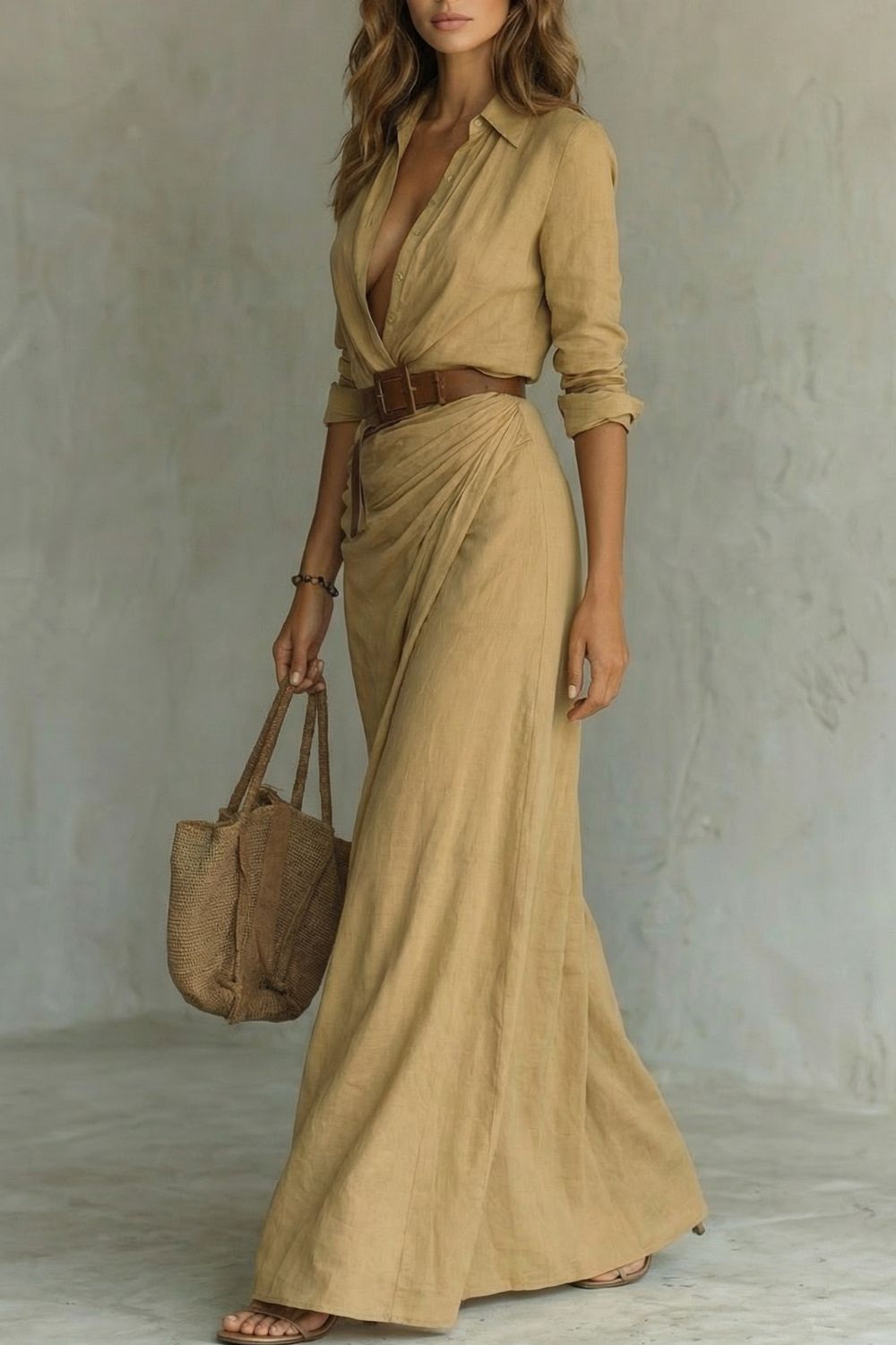Azura | Vestido Maxi com Cinto e Decote em Botões