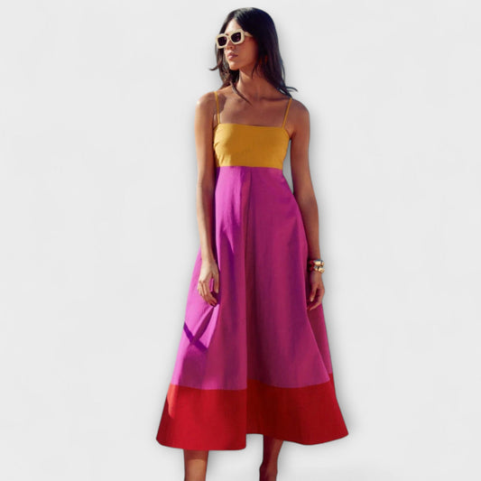 Vestido com Alças de Espaguete em Bloco de Cores