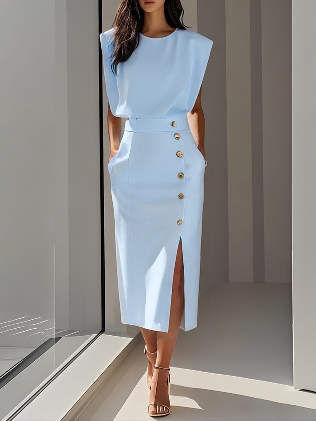 Malene™ | Vestido Midi Sólido com Fenda e Decote Redondo