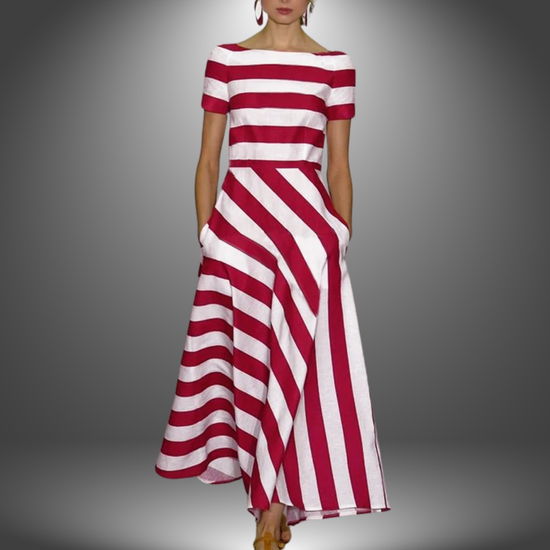 Lyric - Vestido Elegante de Manga Curta com Listras e Bolso