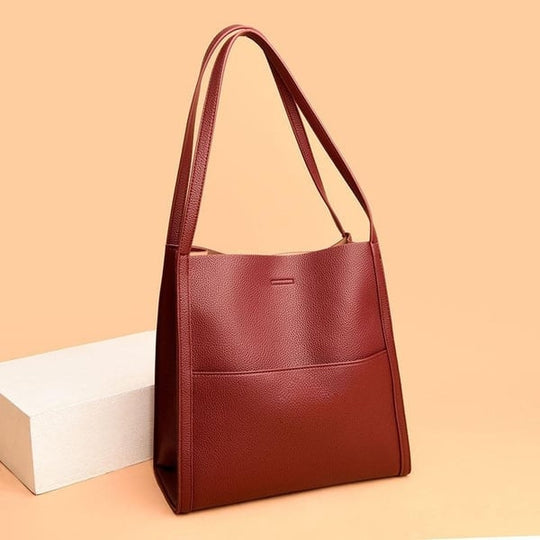 Bolsa de ombro simples em couro genuíno de cor sólida