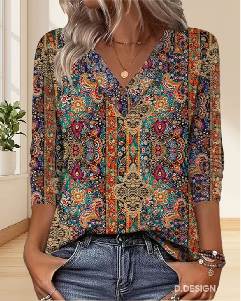 Blusa Retro Estampada Decote V