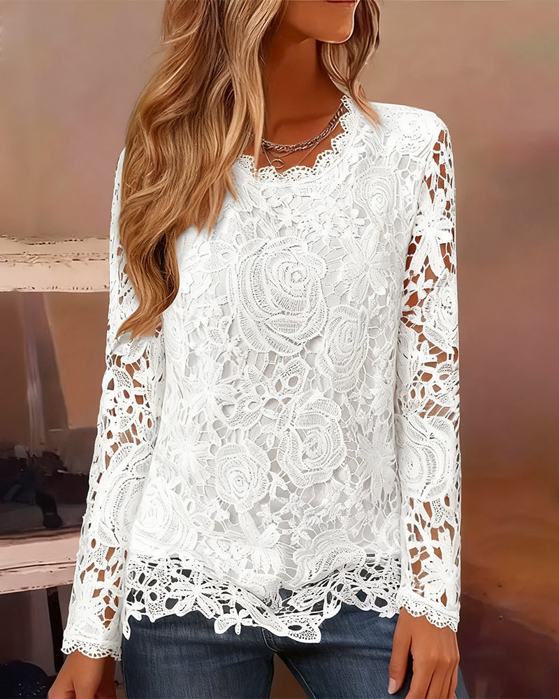 Blusa de Renda de Manga Longa Básica