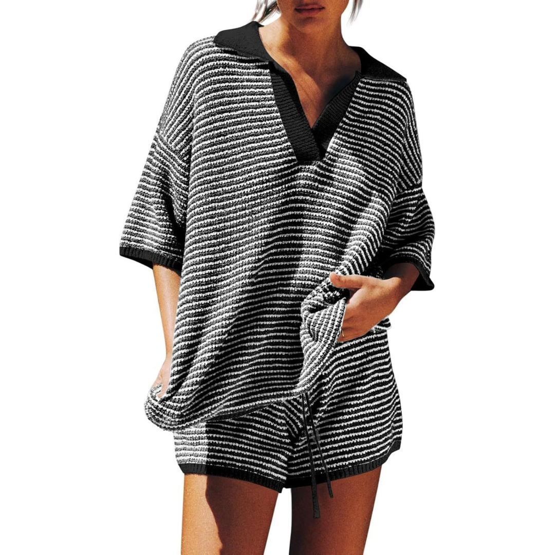 CONNY™ – Conjunto de Verão Casual de Malha Listrada em Duas Peças