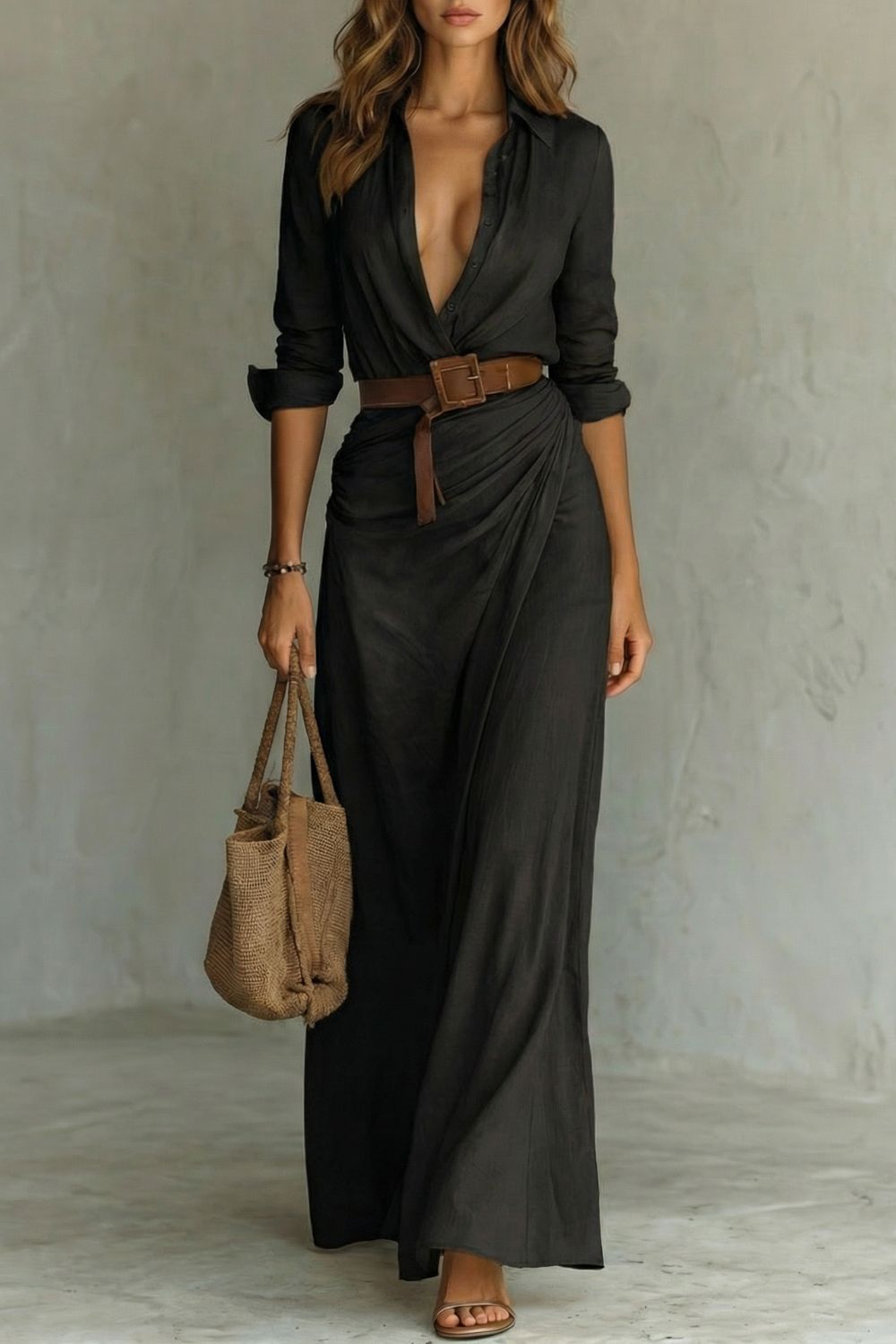 Azura | Vestido Maxi com Cinto e Decote em Botões