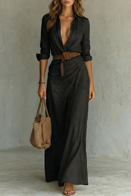 Azura | Vestido Maxi com Cinto e Decote em Botões