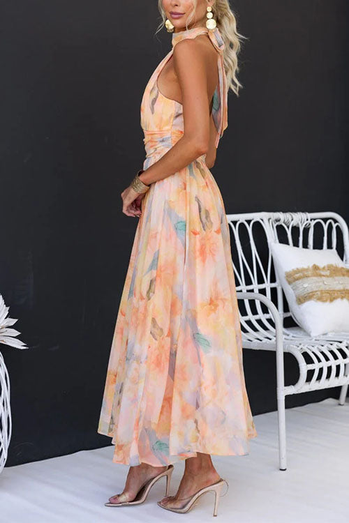 Marissa – Vestido Maxi Halter com Costas Abertas em Aquarela