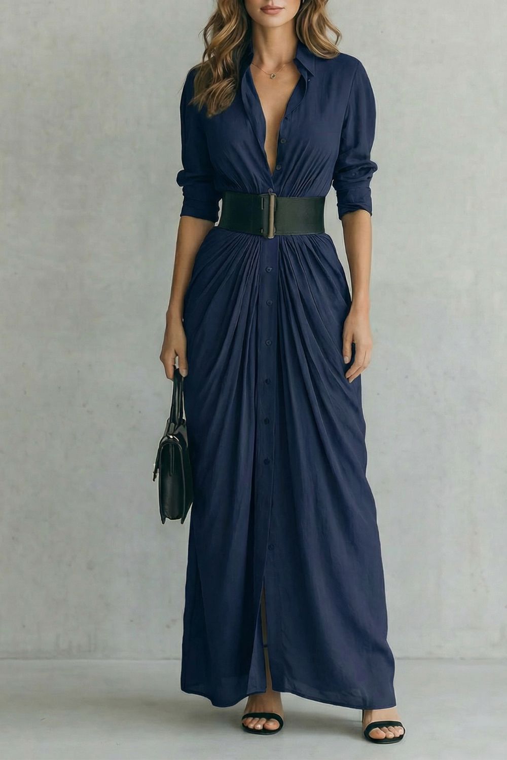 Solenzia | Vestido Maxi Drapê com Botões