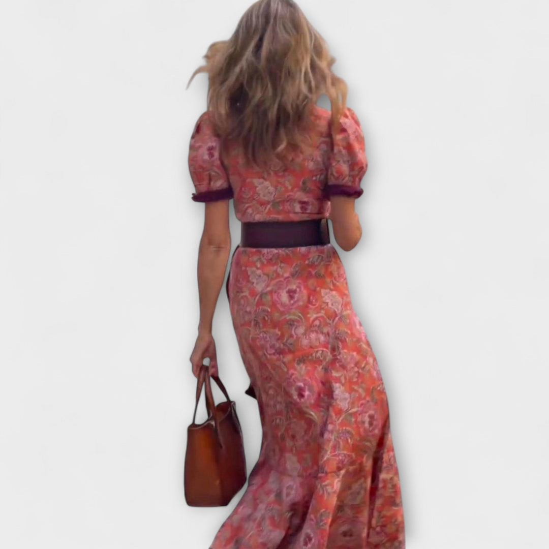 Elegante Vestido Maxi Rosa com Mangas Curtas
