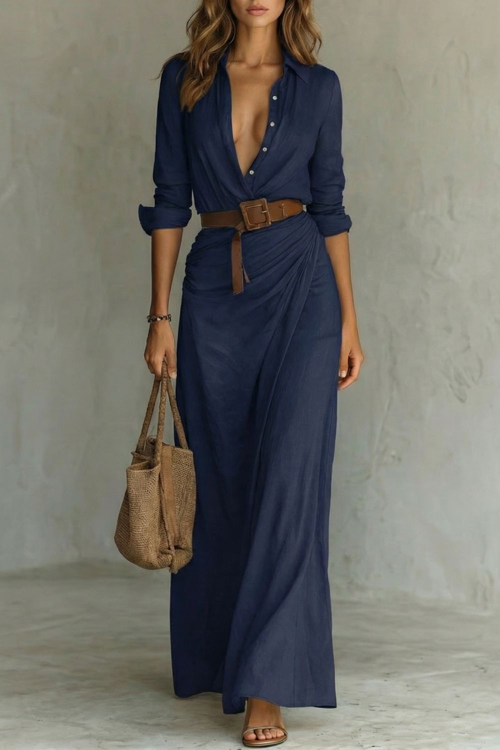 Azura | Vestido Maxi com Cinto e Decote em Botões