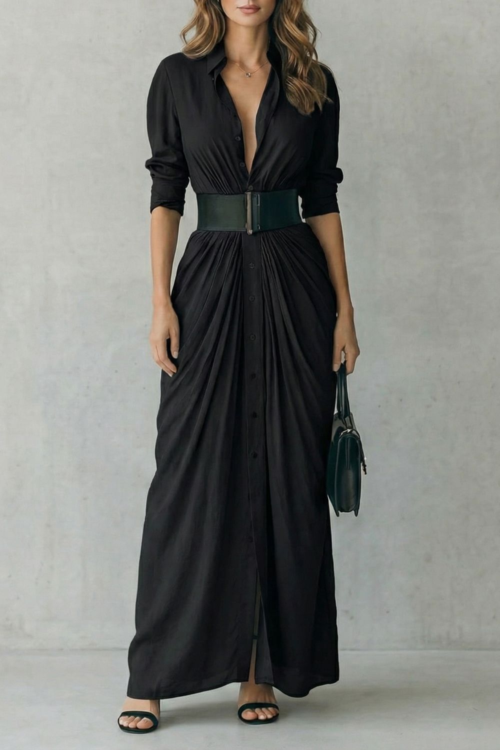 Solenzia | Vestido Maxi Drapê com Botões