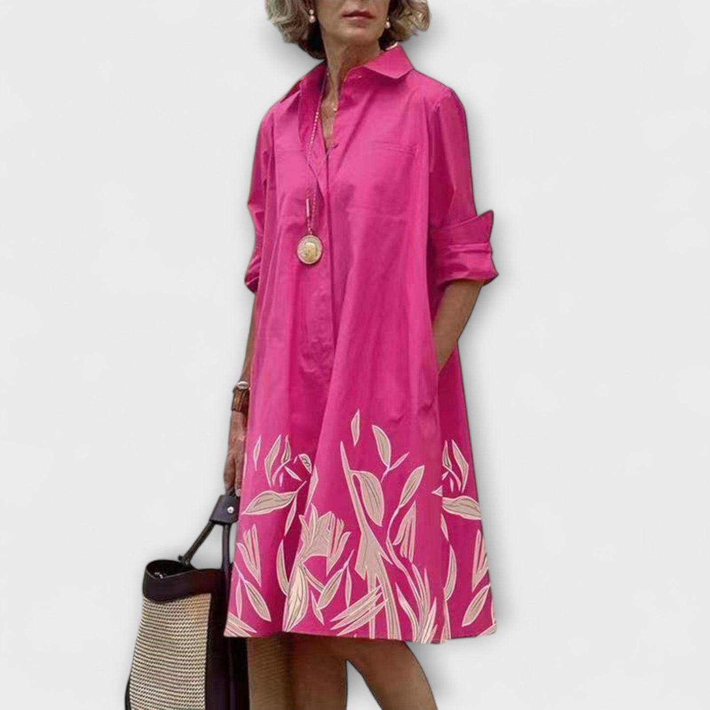 Vestido Camisa Moderno com Gola e Mangas Três Quartos