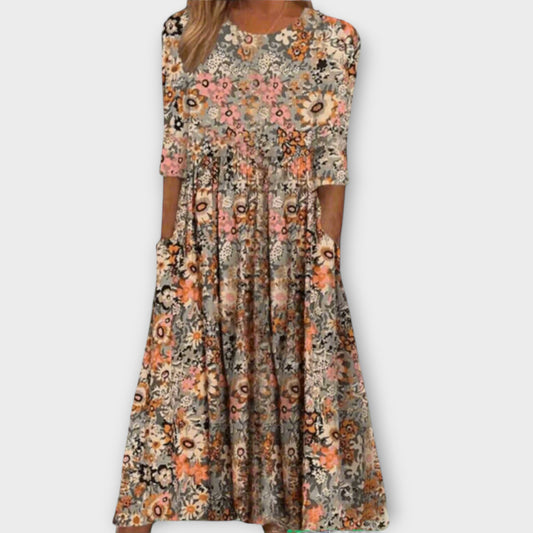 Paula - Vestido Elegante de Flores em Tecido Premium