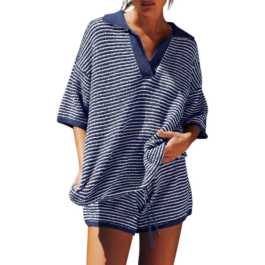 CONNY™ – Conjunto de Verão Casual de Malha Listrada em Duas Peças