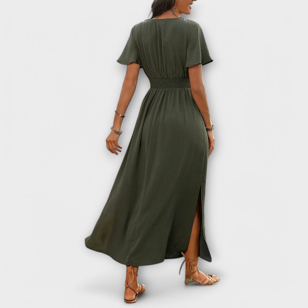Heather - Vestido Boho Elegante com Decote em V e Mangas Longas