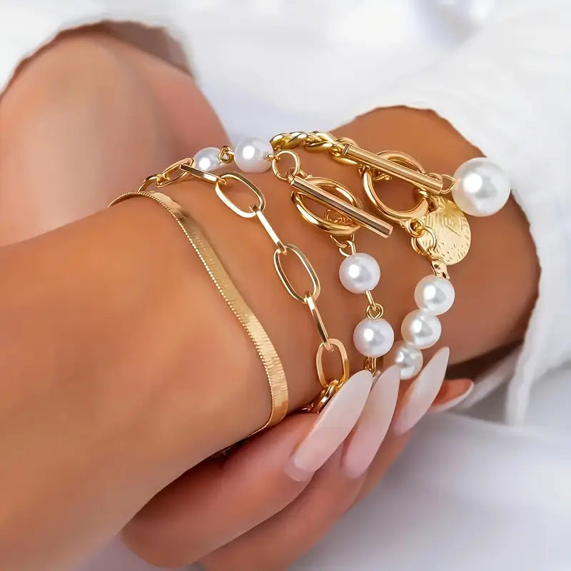 Conjunto de Pulseiras Elegantes de Ouro com 4 Peças