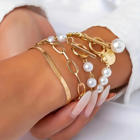 Conjunto de Pulseiras Elegantes de Ouro com 4 Peças