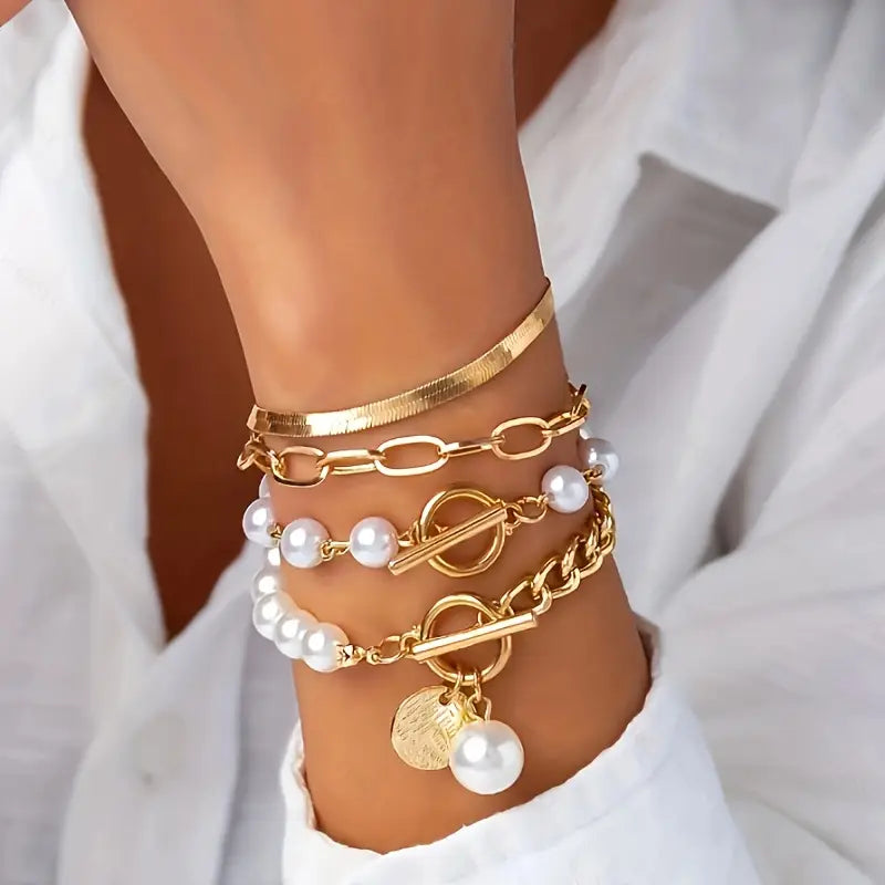Conjunto de Pulseiras Elegantes de Ouro com 4 Peças