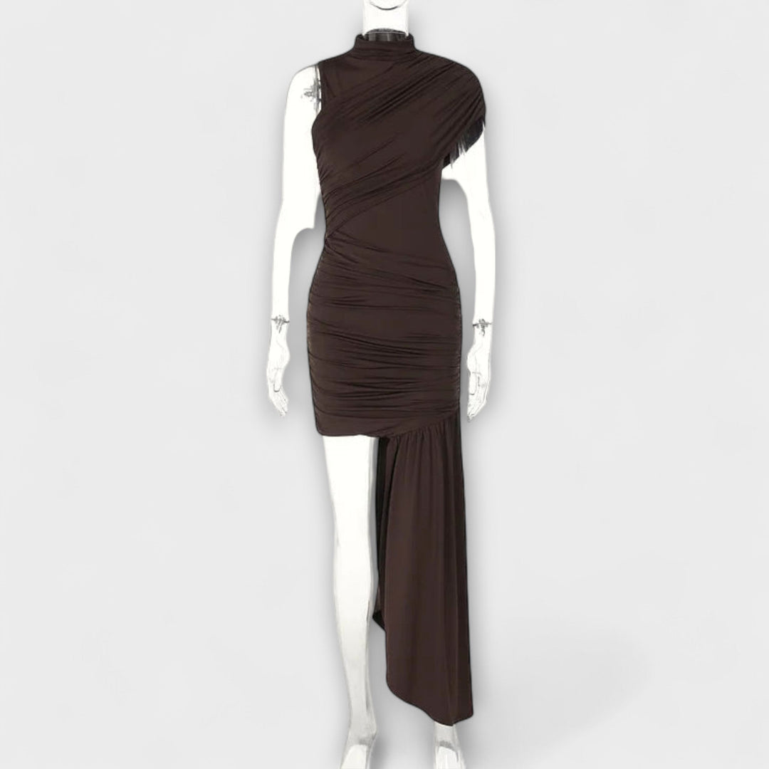 Aurora - Vestido elegante e justo com decote redondo e plissado