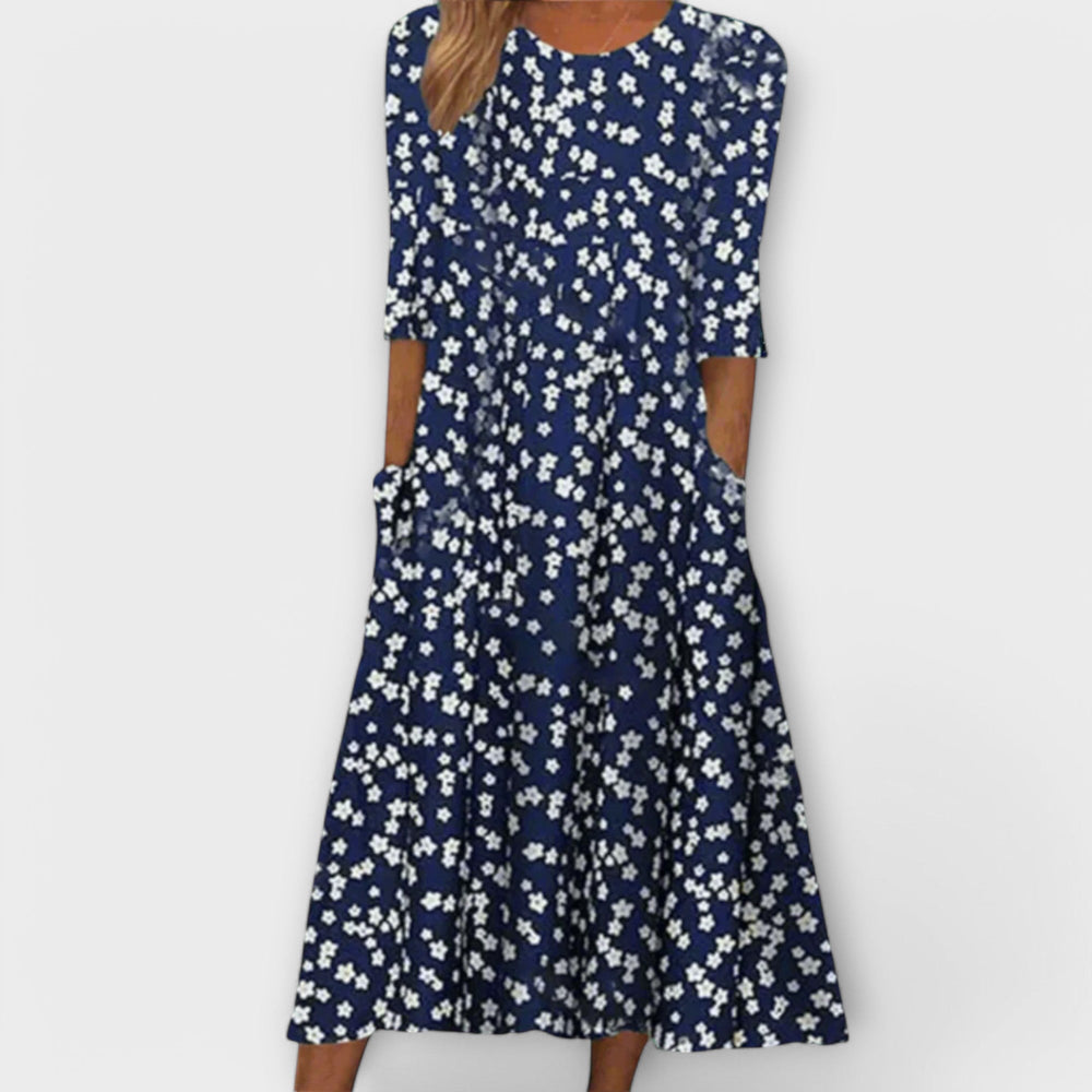 Paula - Vestido Elegante de Flores em Tecido Premium