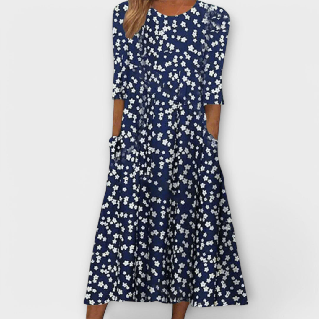 Paula - Vestido Elegante de Flores em Tecido Premium