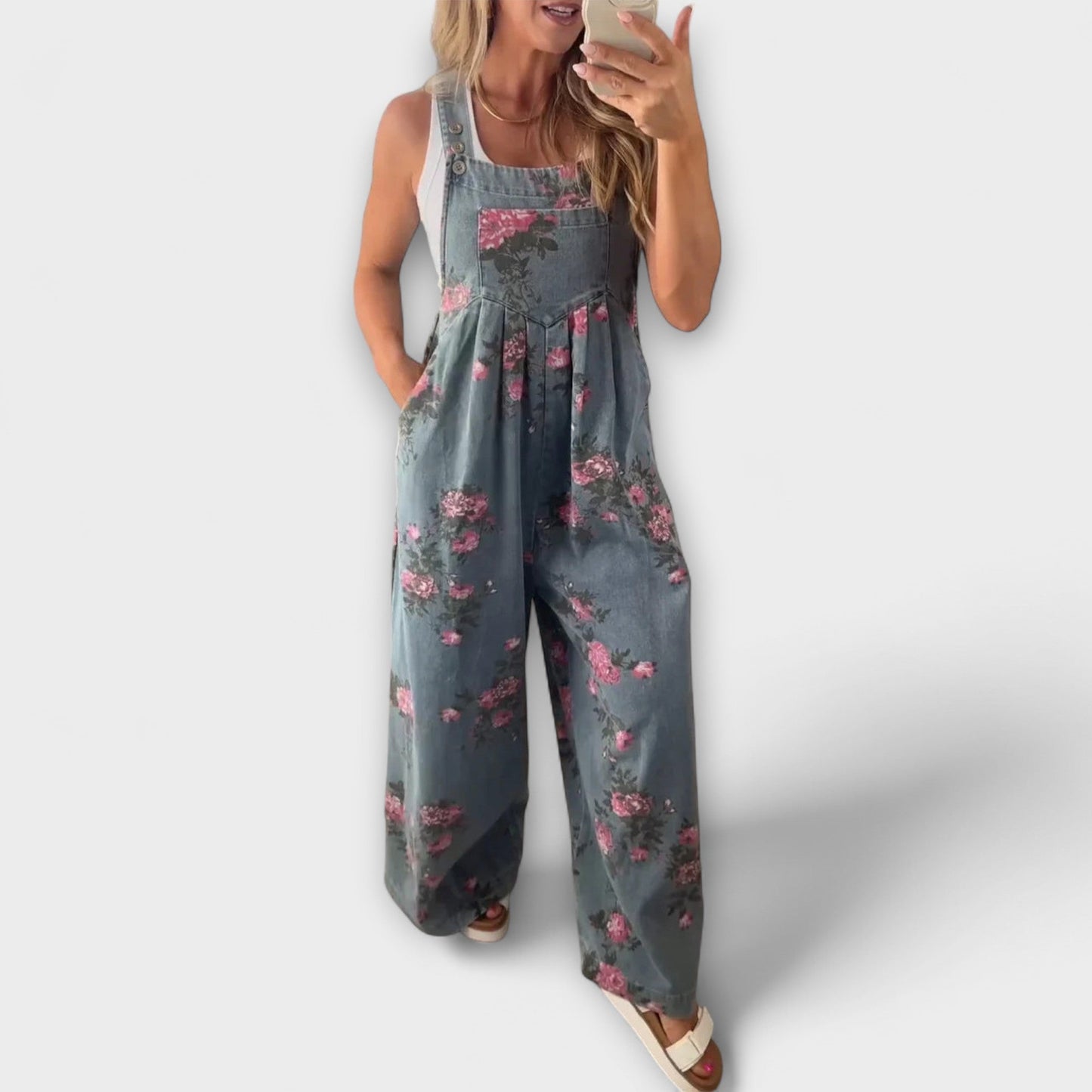 Bethany - Macacão Jeans Estampado Floral