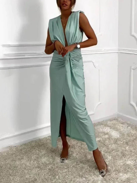 Jolira - Vestido Midi Clássico com Fenda Drapejada
